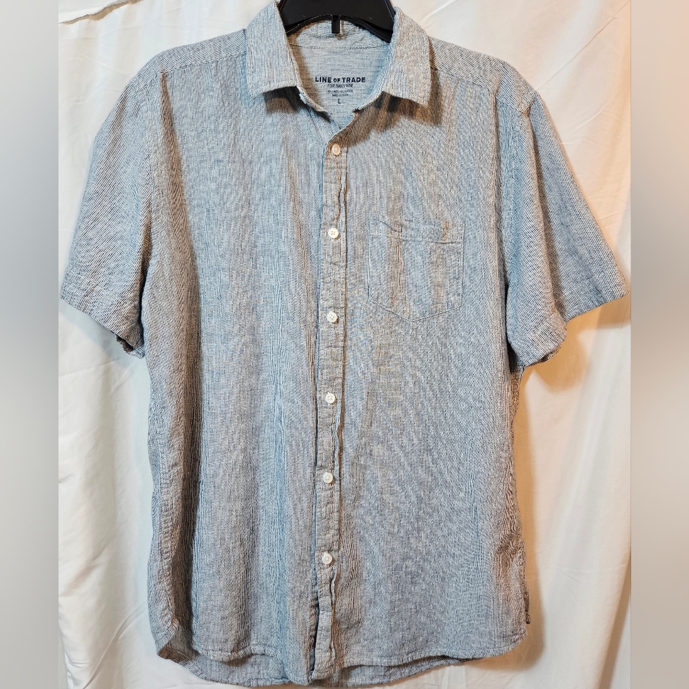 Line of Trade women' blue, white striped LINEN blend short sleeve shirt Large c2